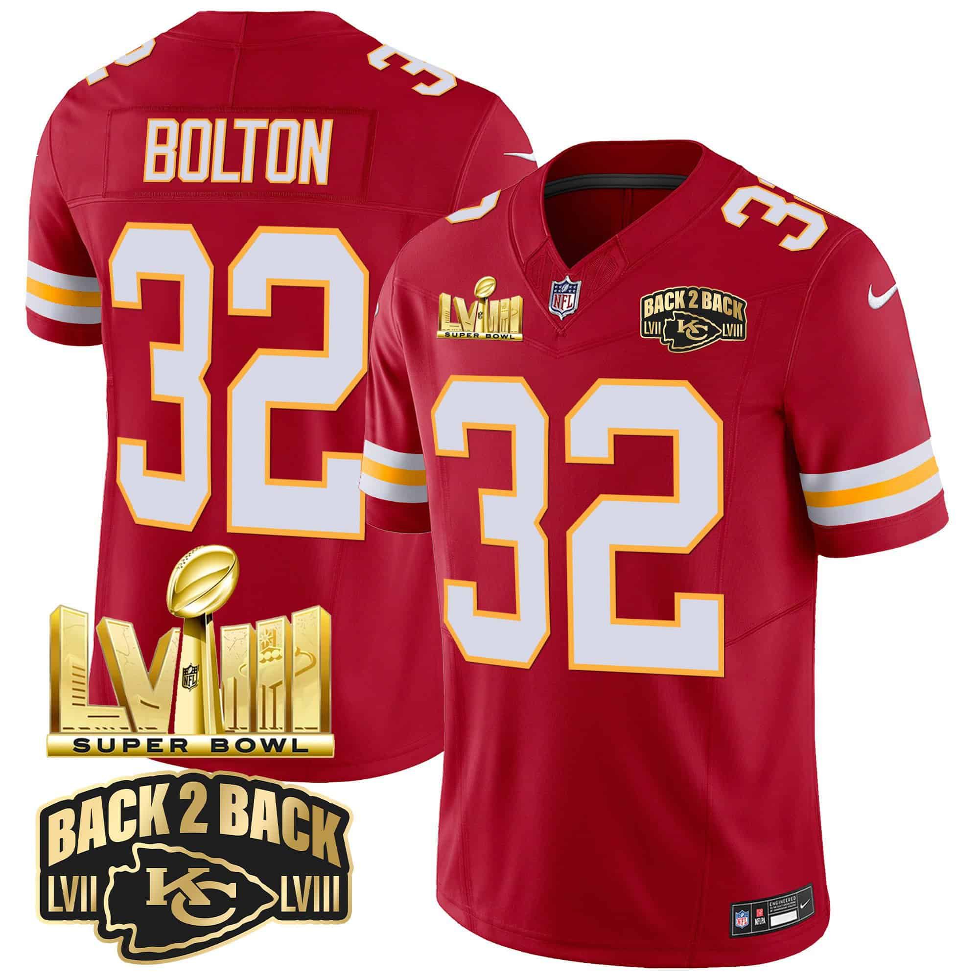 Men Kansas City Chiefs #32 Bolton Red 2024 Nike Super Bowl LVIII & Back-2-Back Gold Patch Vapor NFL Jersey style 3